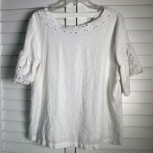 Loft White Floral Hem Lace Linen Top
